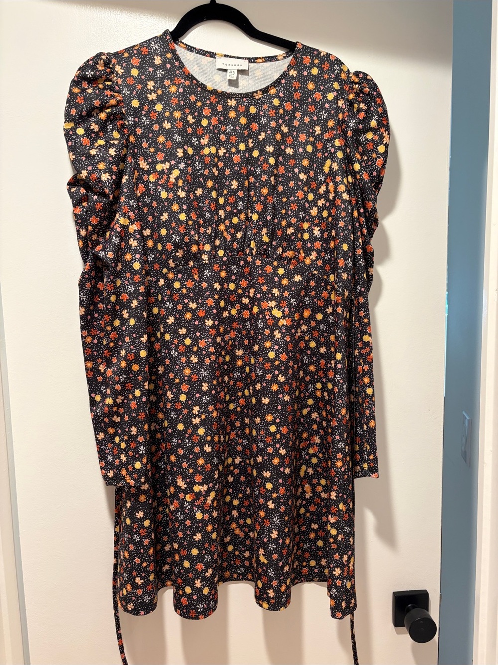 Topshop Black Floral Puff-Sleeve Dress with Orange and Yellow Blooms